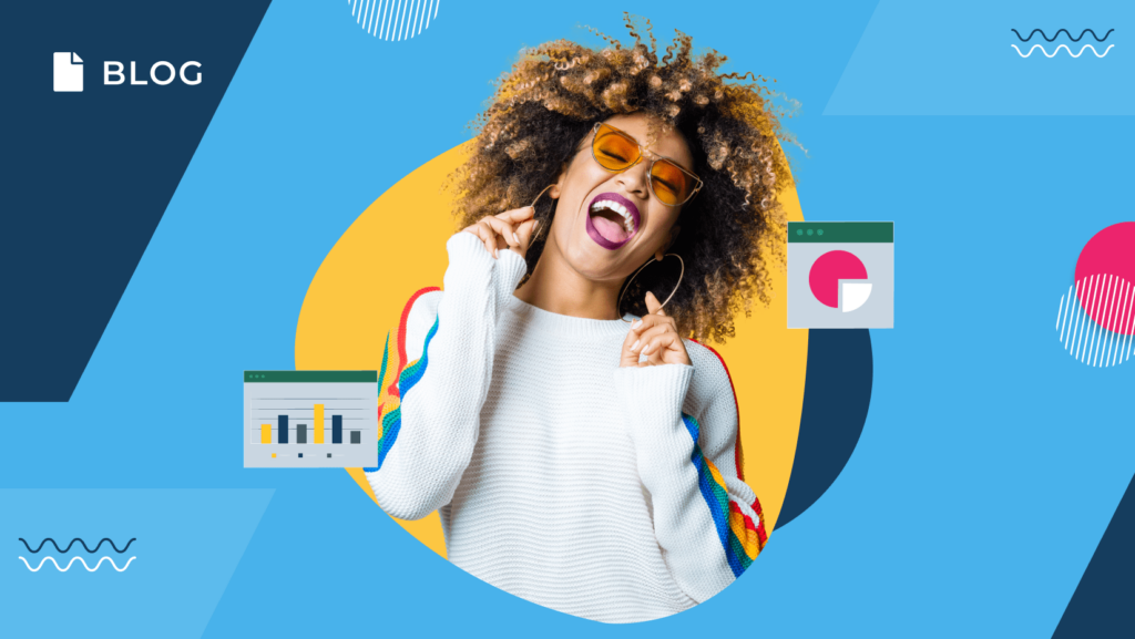 A joyful person with curly hair, bright sunglasses, and a colorful sweater smiles with closed eyes. They are set against a backdrop of charts and abstract patterns symbolizing the "Power Up Masterclass," accompanied by the text "Blog.