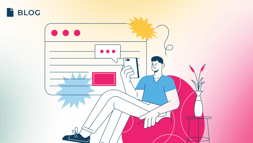 Illustration of a person sitting on a red chair, holding a phone, with a large blog post window behind them. Decorative plants and abstract shapes create a relaxed blogging atmosphere, highlighting community engagement and online connection.